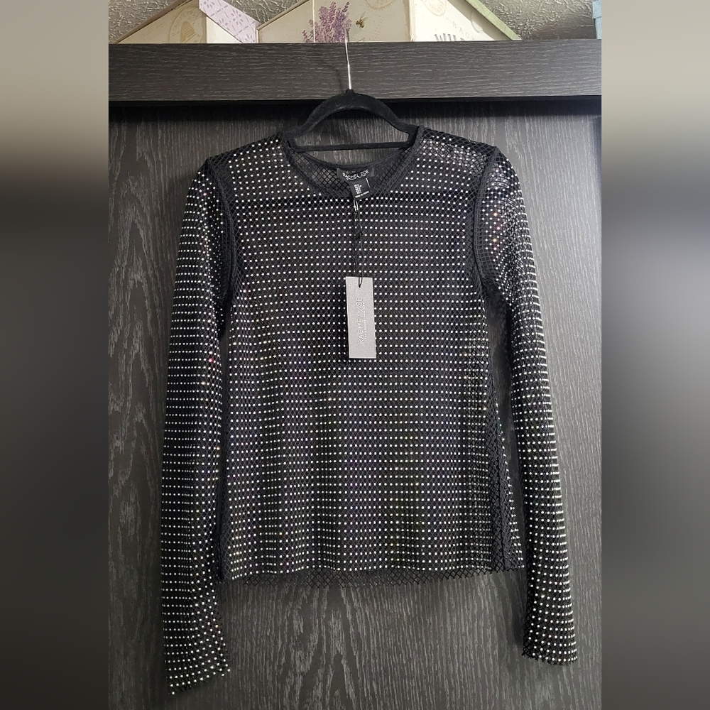 Rachel Zoe Black Silver Rhinestone Mesh Long Sleeve Top
